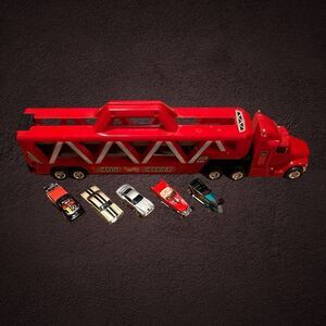 Vintage 1997 Hot Wheels Red Semi Truck and Car Transporter And 5 Cars